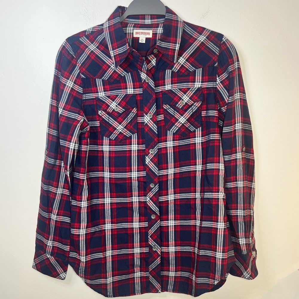 True Religion Red Navy Plaid Button Up Flannel Shirt Women’s Small